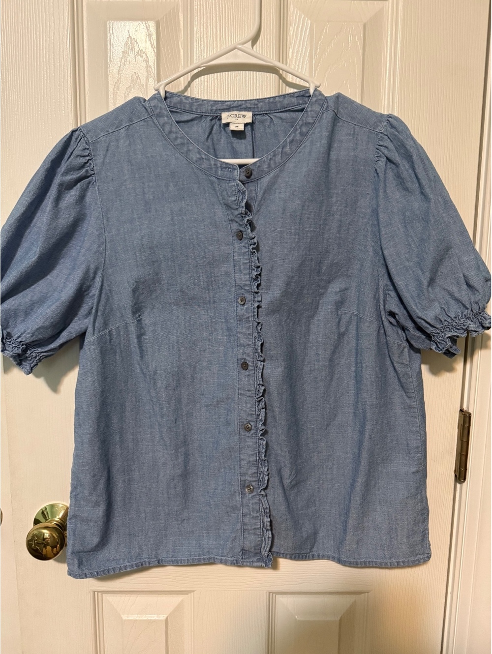 J.Crew Medium Blue Denim Puff Sleeve Button-Up Blouse